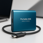 Blue portable SSD with USB-C cable on a light gray background