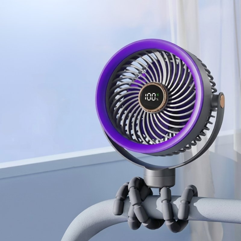 Portable fan with purple accents on a white background