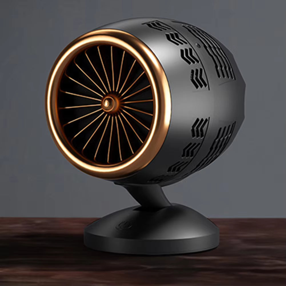 Decorative object resembling a jet engine on a wooden surface with a dark background
