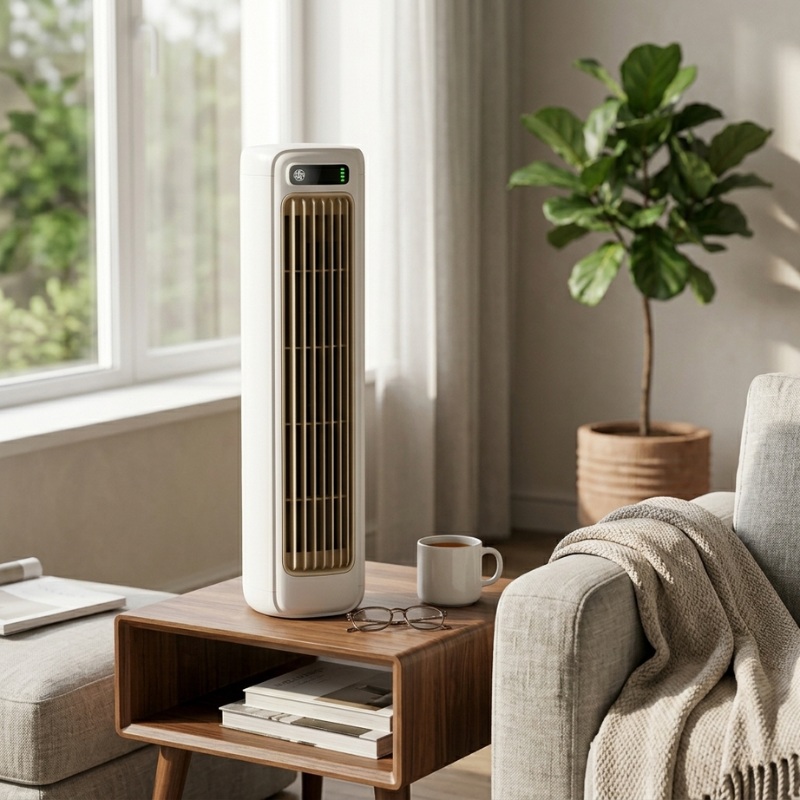 Tall white tower air conditioner in a living room with a plant and coffee cup on a table.