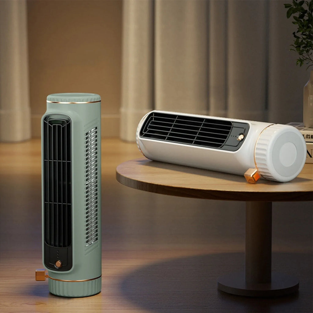 Two portable heaters on a wooden table with a blurred background