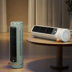 Two portable heaters on a wooden table with a blurred background