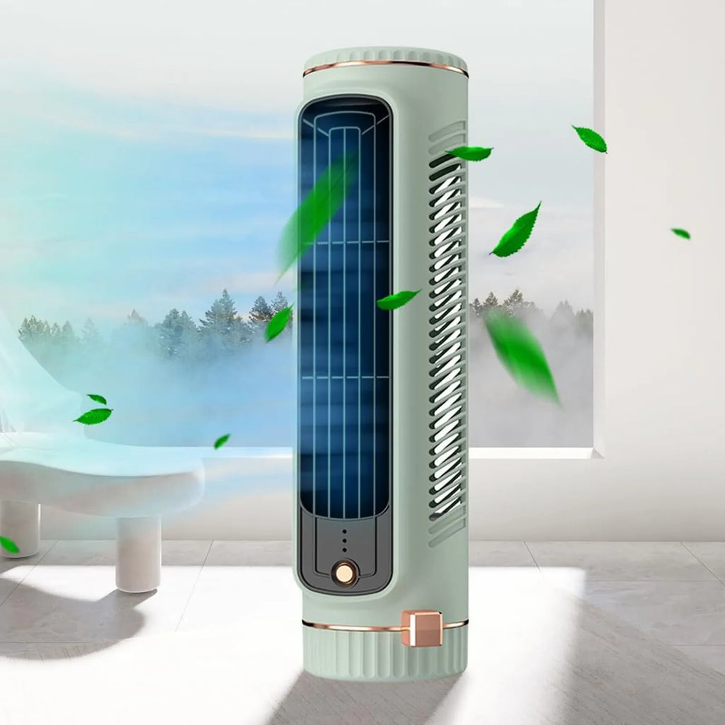 Portable air conditioner with green leaves in a room with a window showing trees outside.