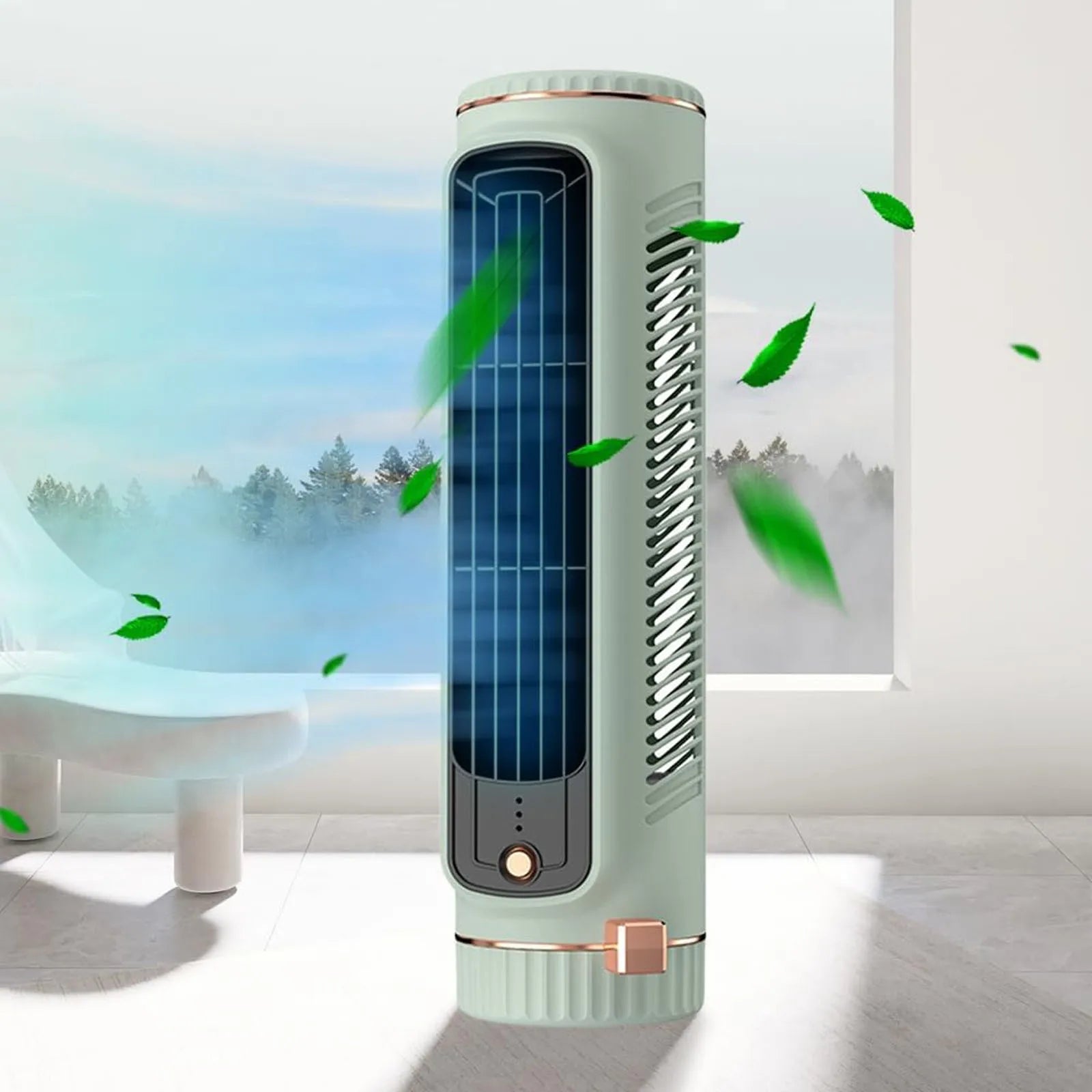 Portable air conditioner with green leaves in a room with a window showing trees outside.