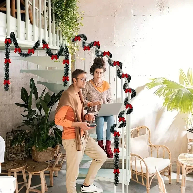 Pre-Lit Christmas Garland - 2m LED Tinsel with Red Bows for Festive Decor 3