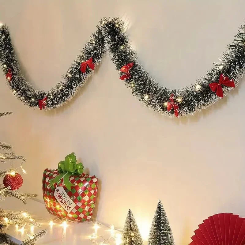 Pre-Lit Christmas Garland - 2m LED Tinsel with Red Bows for Festive Decor 4