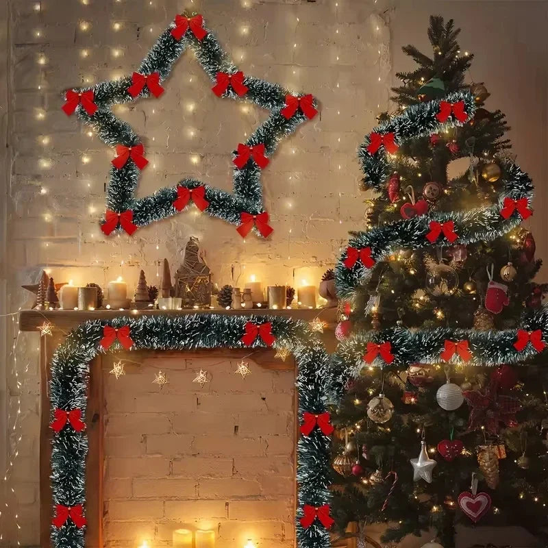 Pre-Lit Christmas Garland - 2m LED Tinsel with Red Bows for Festive Decor 5