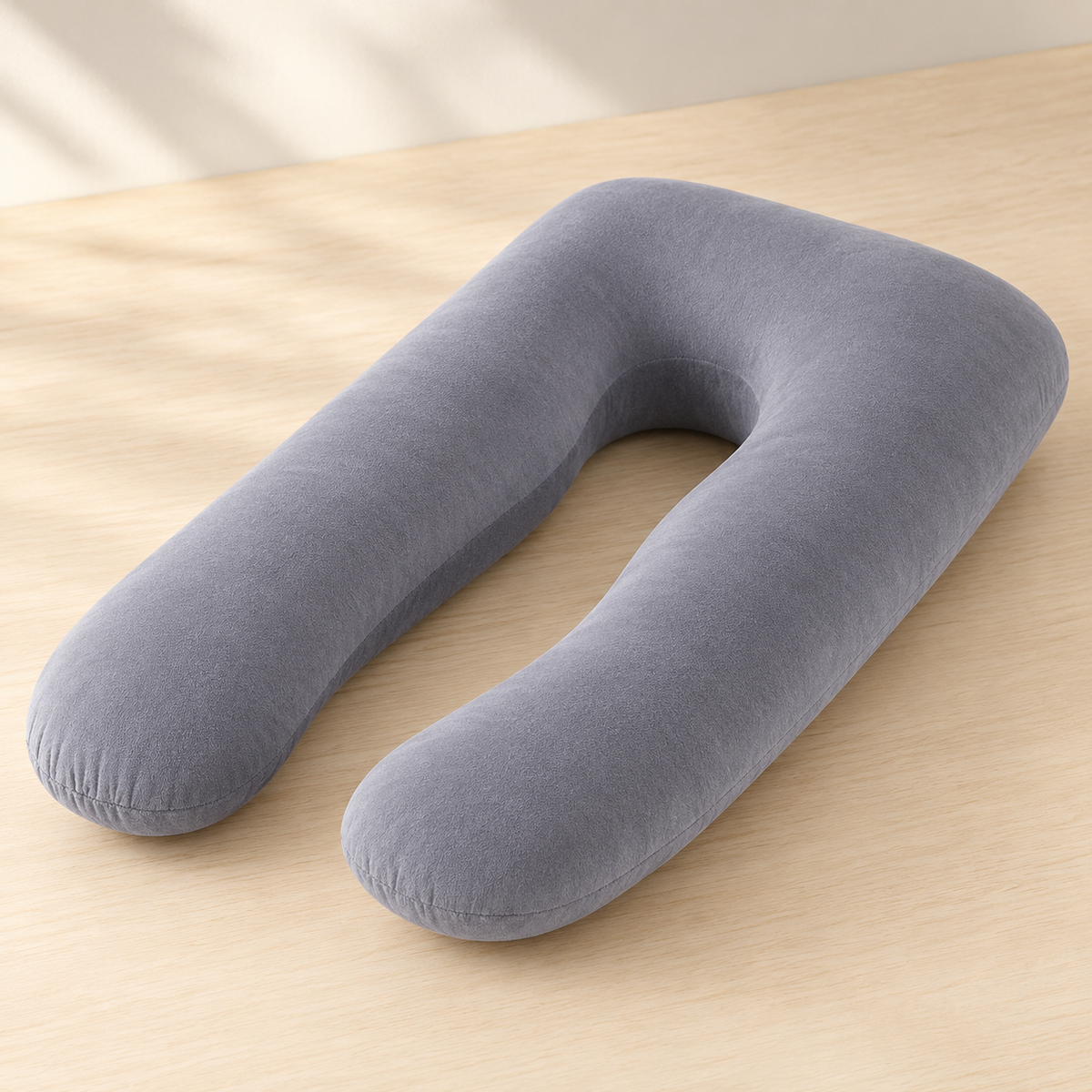 A U-shaped travel neck pillow in a solid medium gray color, resting on a light beige wooden surface.