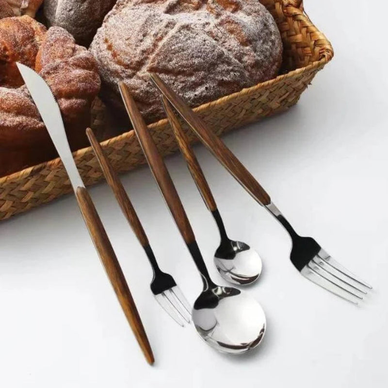 Premium Stainless Steel Cutlery Set with Wooden Handles – 16-Piece Silverware Set for Stylish Dining 1