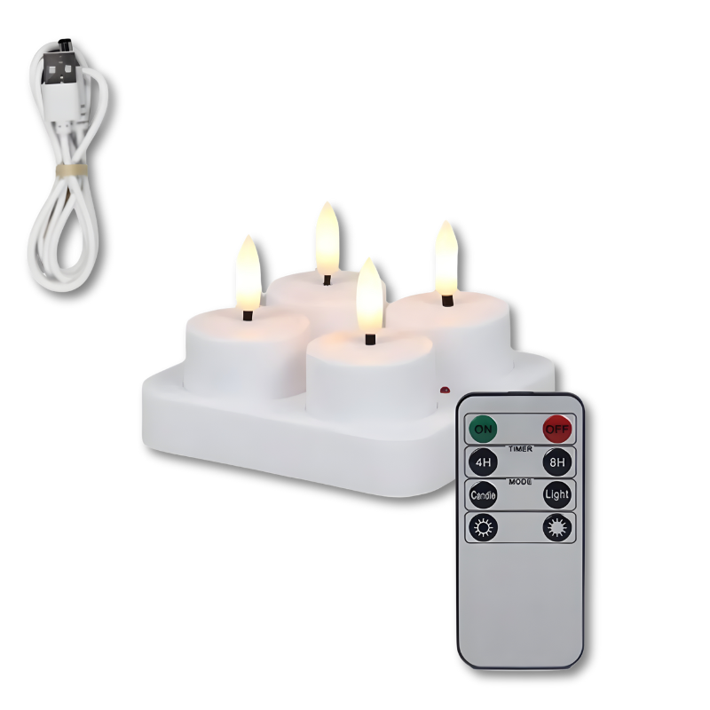 Set of four LED candles with a remote control on a white background