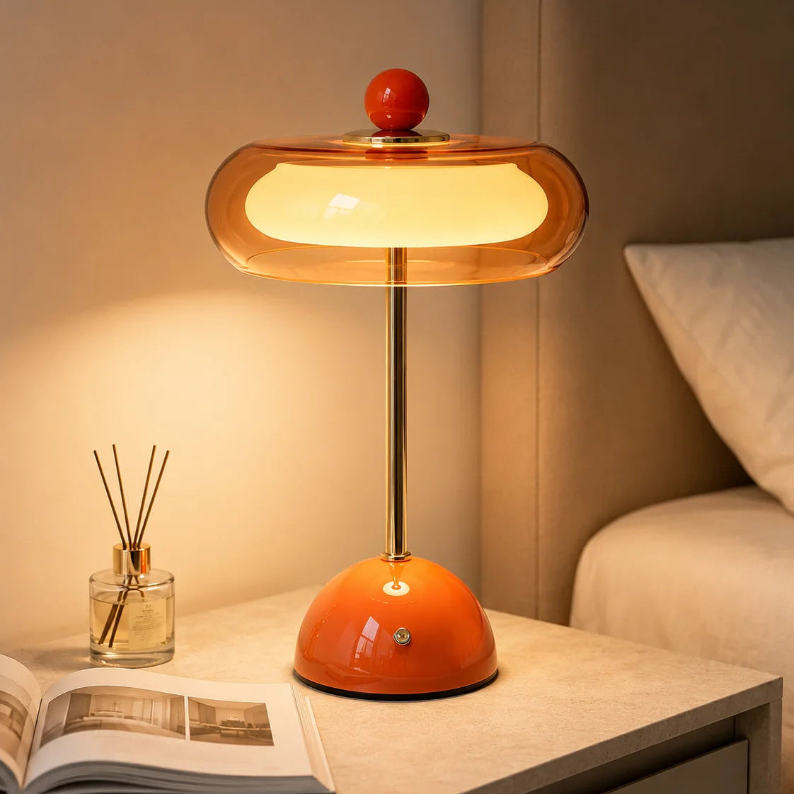 Rechargeable Glass Table Lamp – Dimmable Cordless Bedside Lamp with 3 Color Temperatures and USB-C Charging – Retro Mid-Century Design 9