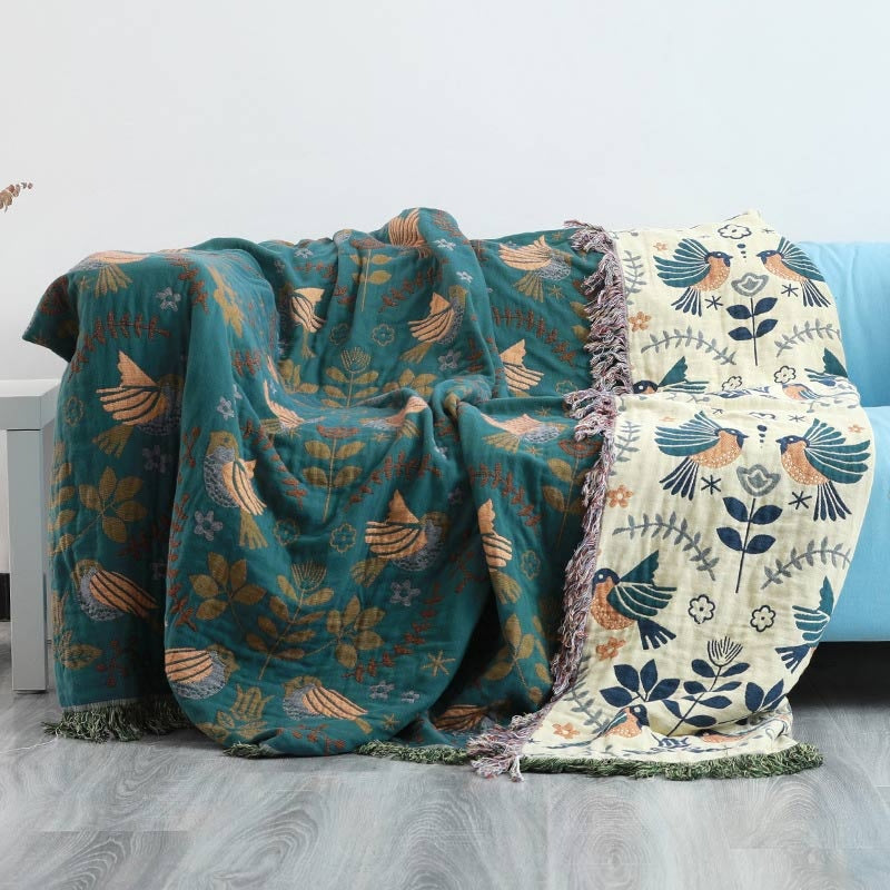 Reversible Throw Blanket - Soft 100% Cotton Nordic Design with Fringed Edges 0