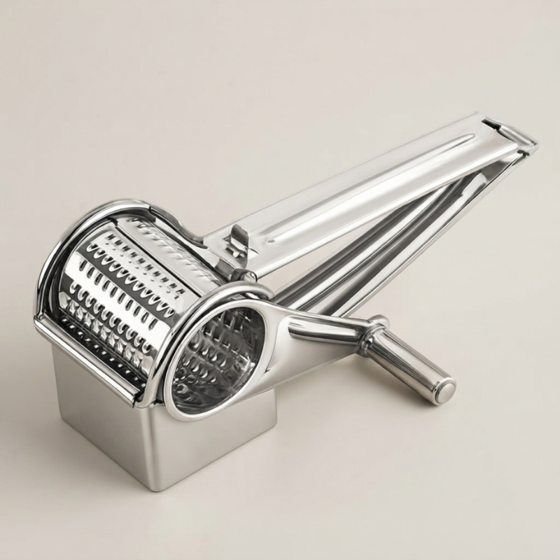 Metallic kitchen grater on a beige background