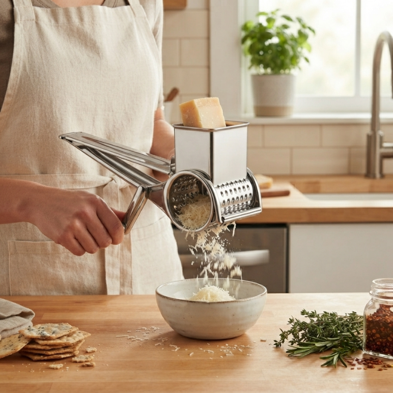 Person grating cheese into a bowl with a manual grater in a kitchen setting.