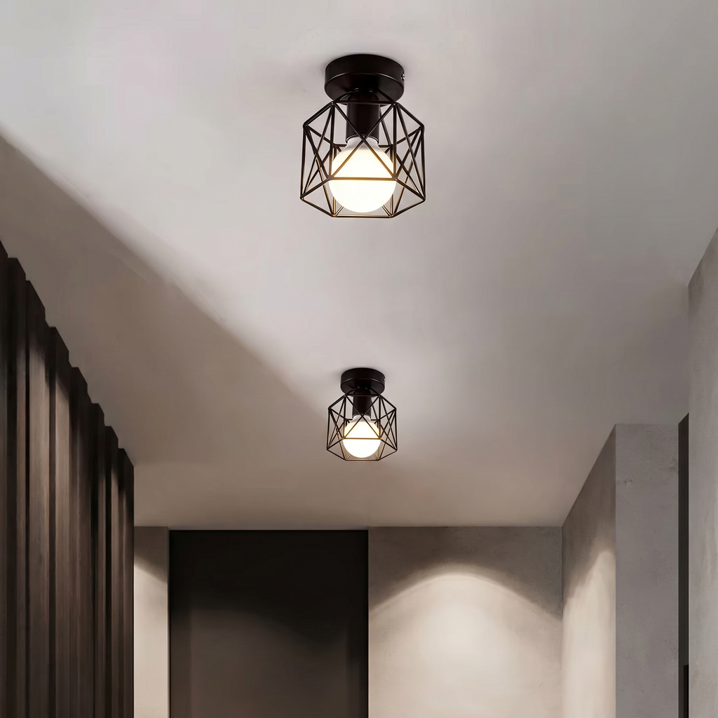 Round Flush Mount Ceiling Light - Modern Cage Design, E27 Socket 6