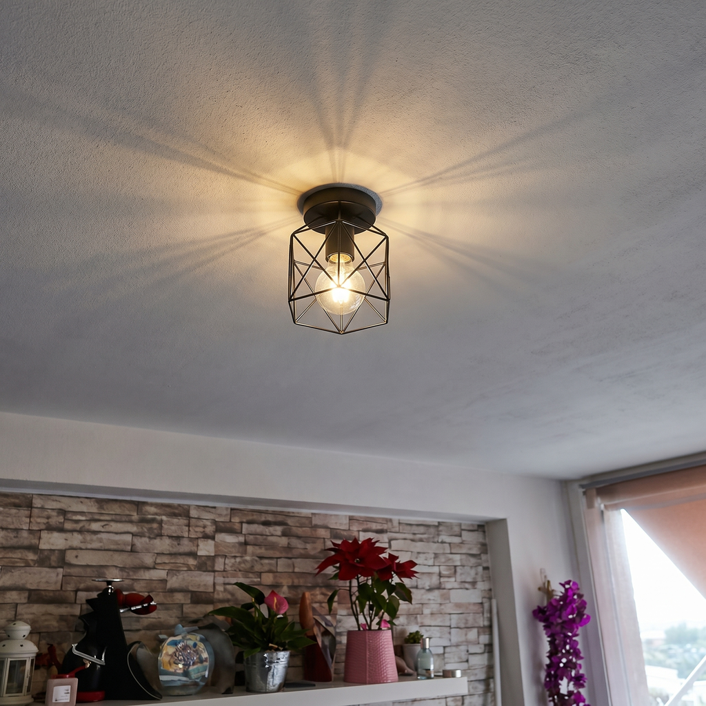 Round Flush Mount Ceiling Light - Modern Cage Design, E27 Socket 8