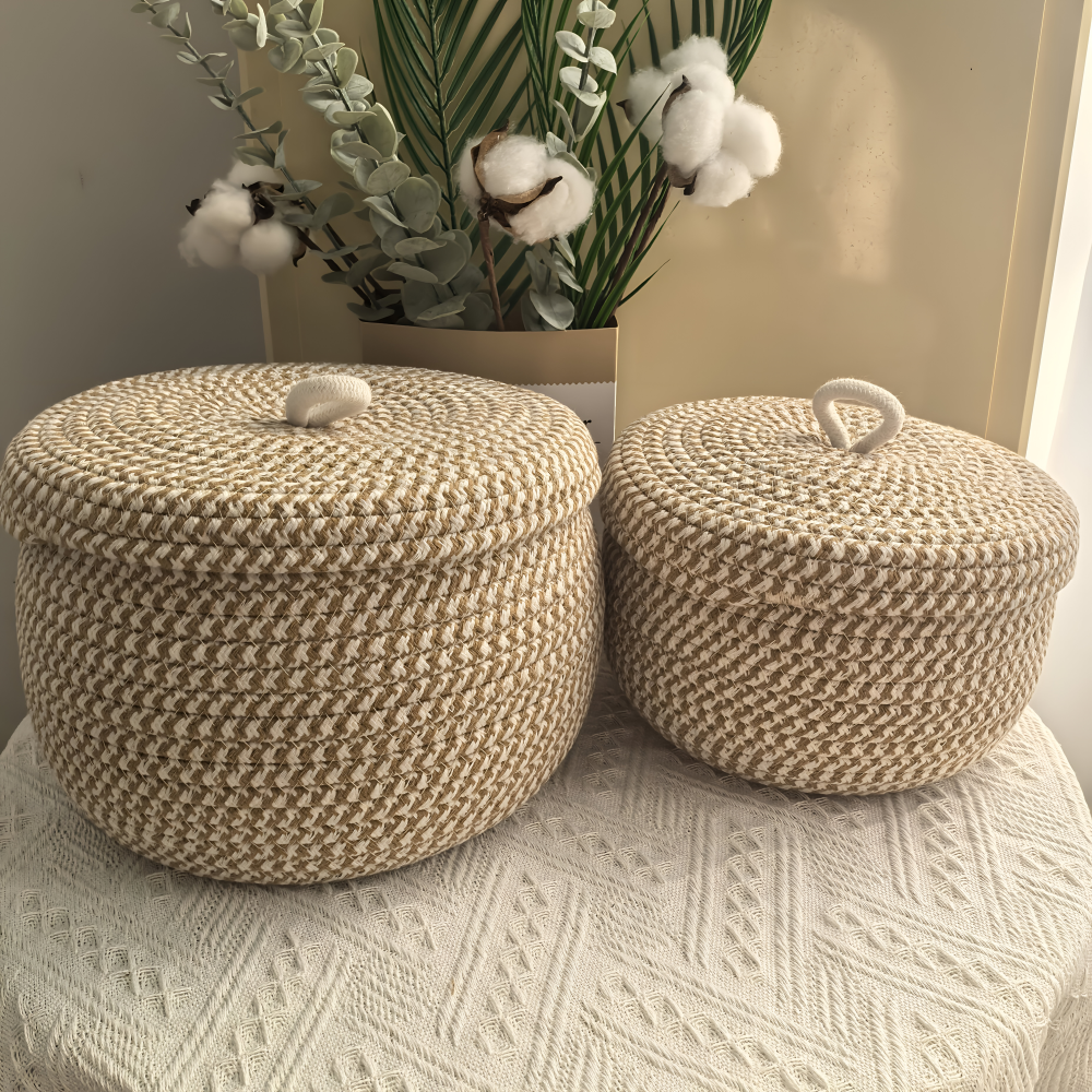 Round Wicker Storage Basket with Lid - Stylish Bohemian Organization 0