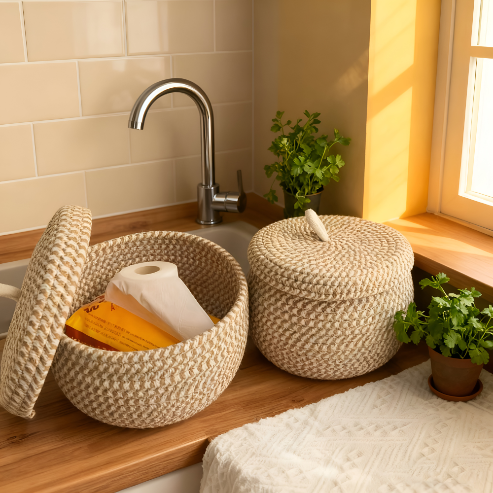 Round Wicker Storage Basket with Lid - Stylish Bohemian Organization 1