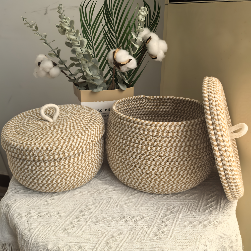Round Wicker Storage Basket with Lid - Stylish Bohemian Organization 2