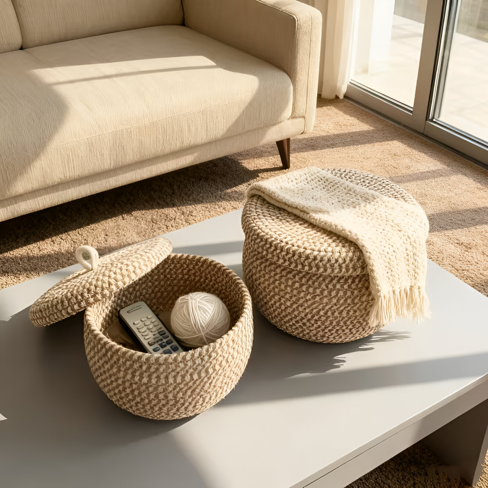 Round Wicker Storage Basket with Lid - Stylish Bohemian Organization 3