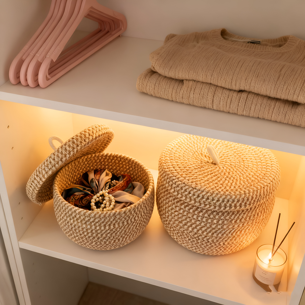 Round Wicker Storage Basket with Lid - Stylish Bohemian Organization 4