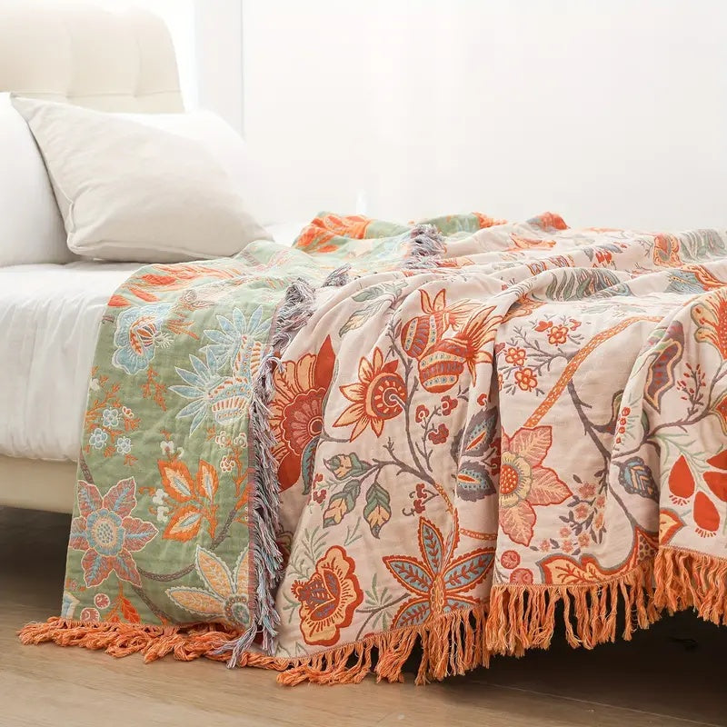 Rustic Floral Boho Blanket - 100% Cotton Soft Throw for Cozy Decor 0