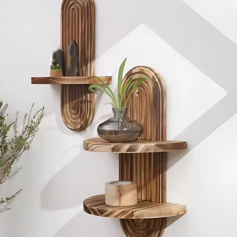 Rustic Geometric Floating Wall Shelves - Handmade Oval Design for Versatile Display 3