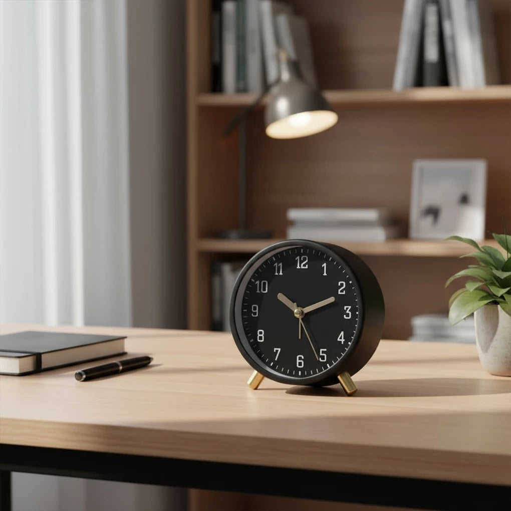 Black alarm clock on a wooden desk with books and a lamp in the background