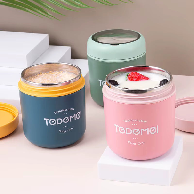 Three colorful soup cups with lids on a light surface, featuring the brand 'TODEMOI'.