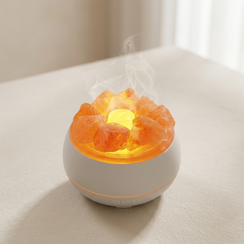 Himalayan salt lamp emitting a warm glow on a white surface.