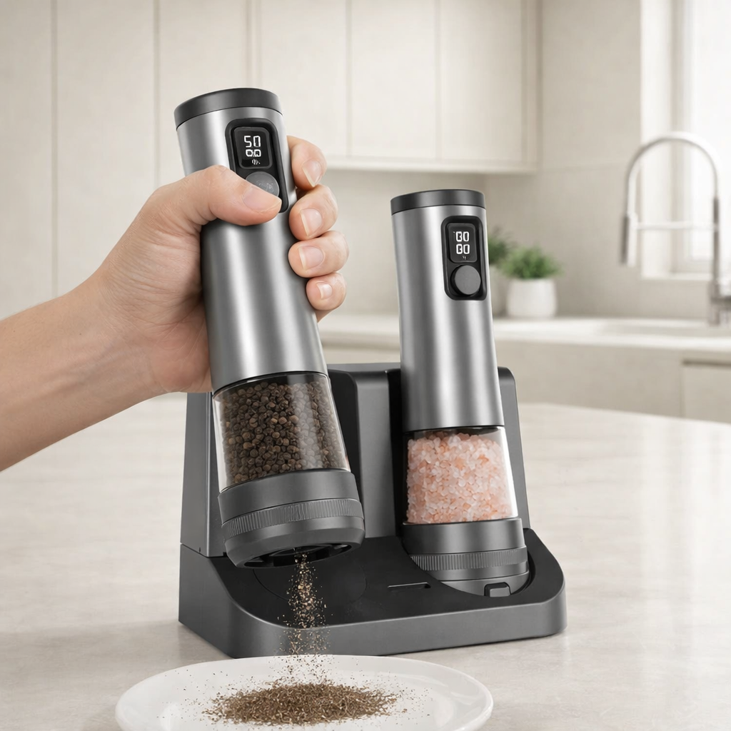 Two pepper grinders with digital displays on a kitchen counter.