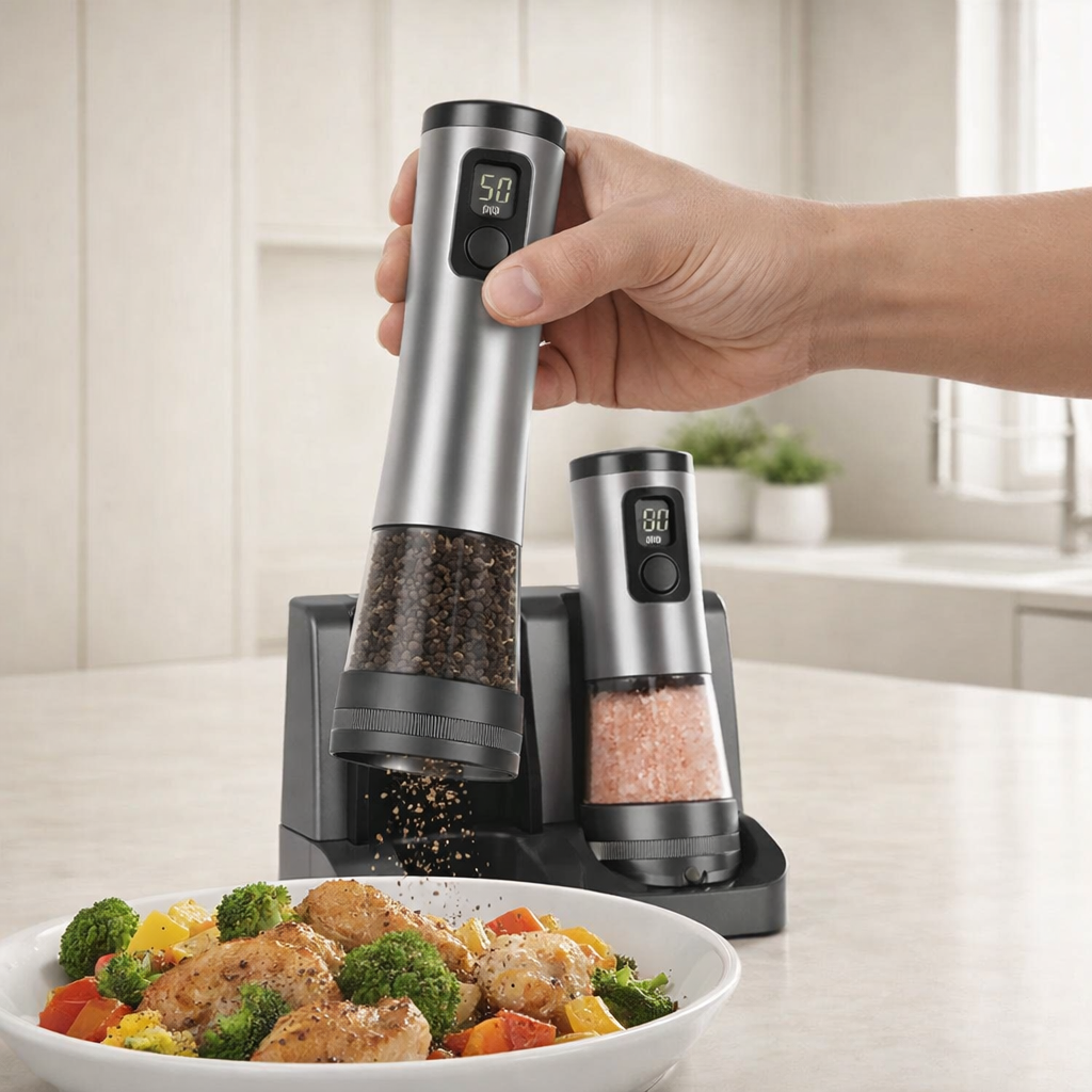 Hand holding a pepper grinder over a bowl of food in a kitchen setting