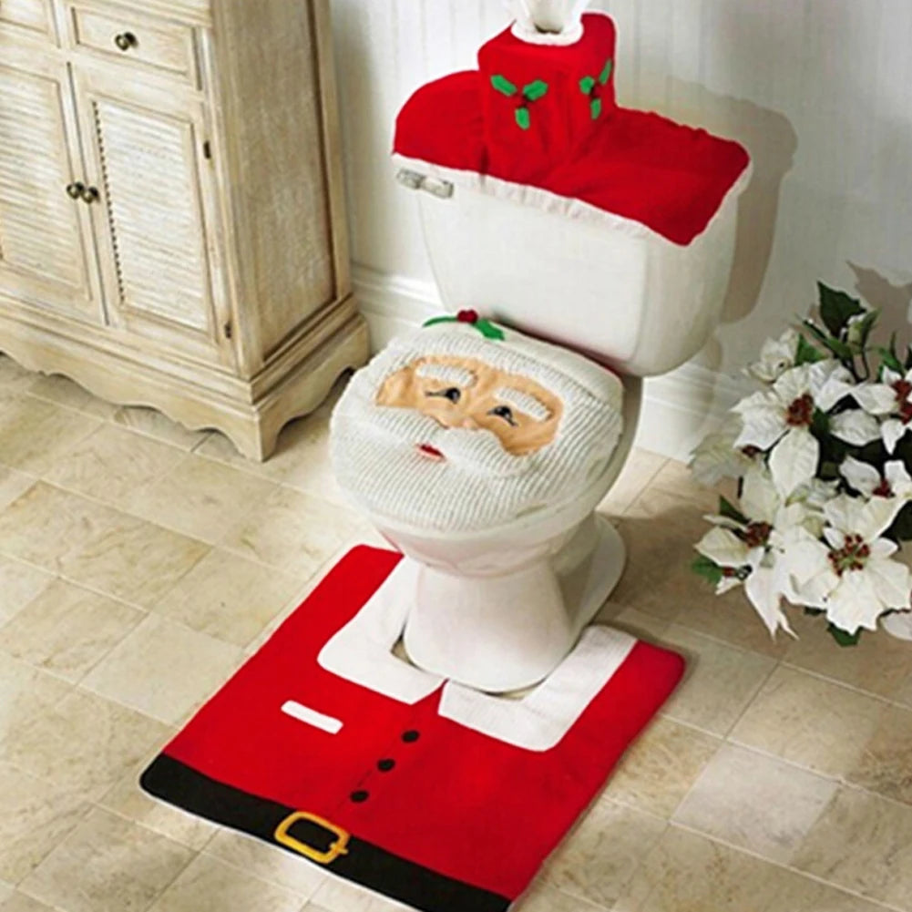 Santa Toilet Cover Set - Festive 3-Piece Plush Bathroom Decor 7