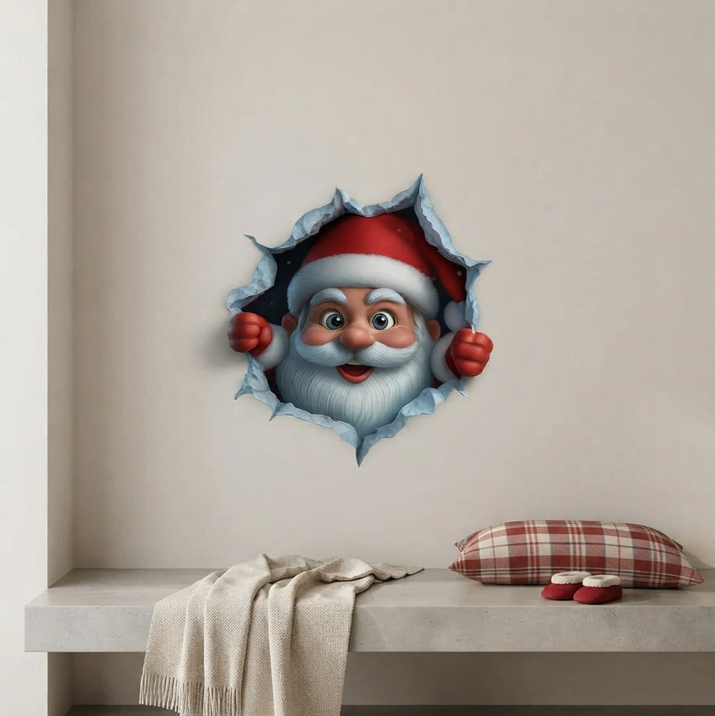 A 3D Santa Claus wall decal showing Santa peeking through a torn hole in a beige wall above a bench with a throw blanket and a plaid pillow.