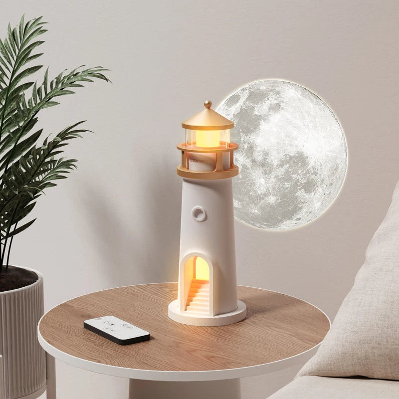 Lighthouse-shaped lamp on a table with a moonlit background