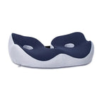 Navy blue and white neck pillow on a white background