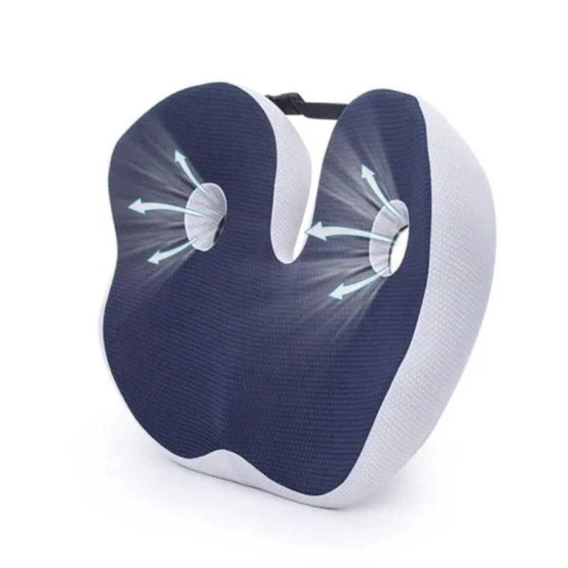 Navy blue and white neck pillow on a white background
