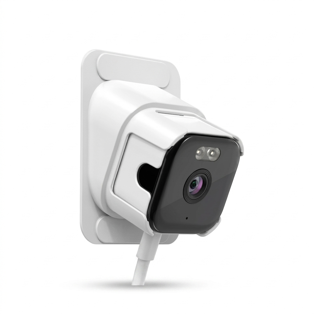Smart home security camera with white base on a white background