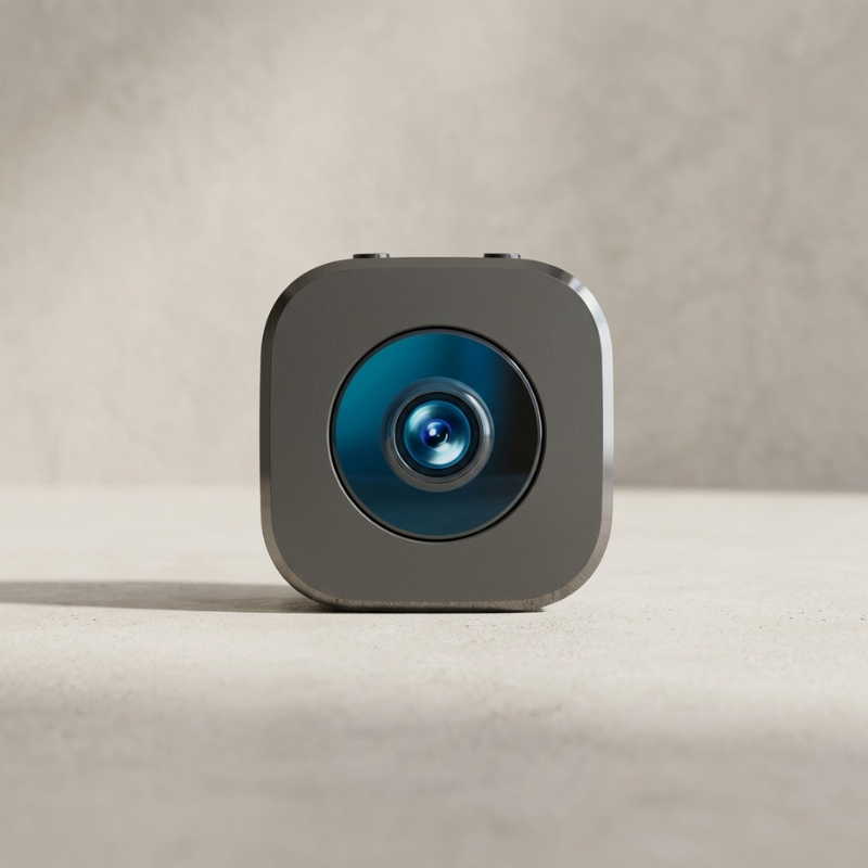 Square camera with blue lens on a beige background