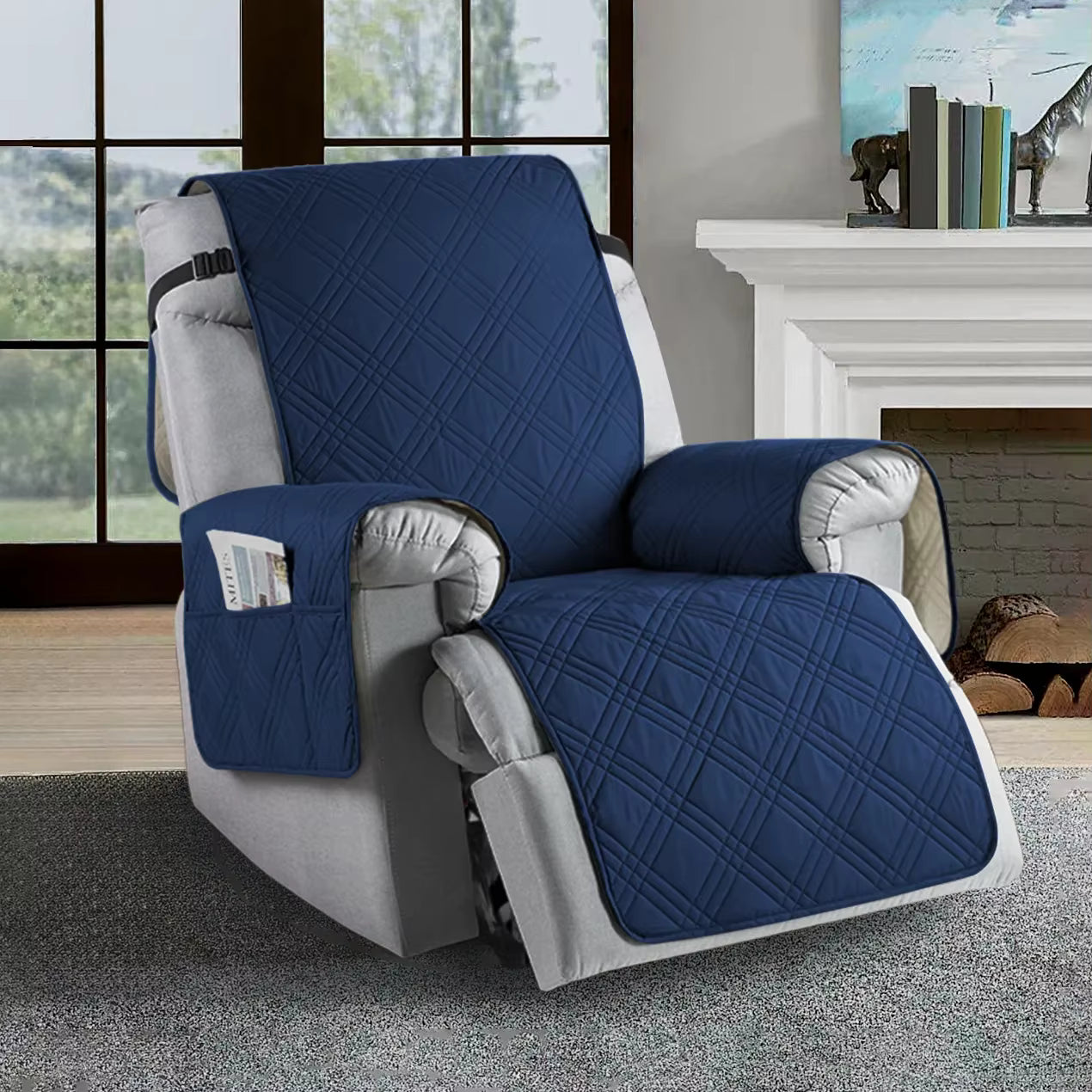Blue and gray recliner chair cover in a living room setting.