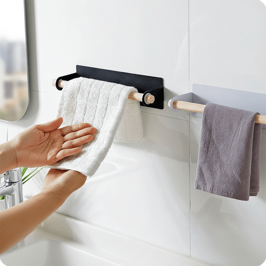 Self-Adhesive Towel Holder - Durable Iron & Wood for Kitchen Efficiency 1