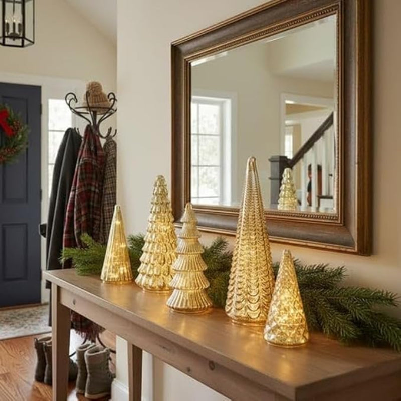 Set of 5 LED Christmas Trees with Warm White Light, Timer Function, Gold and Silver Finish, Indoor Décor, Varying Heights 9-36 cm 0