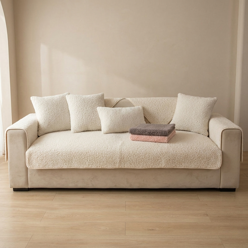 Beige sofa with cushions and a blanket on a wooden floor against a beige wall.