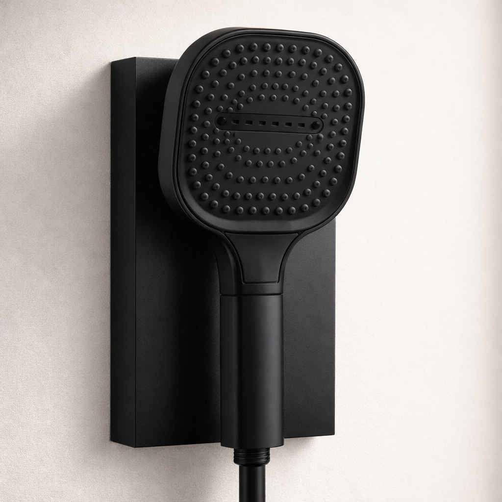 Black handheld shower head mounted on a beige wall