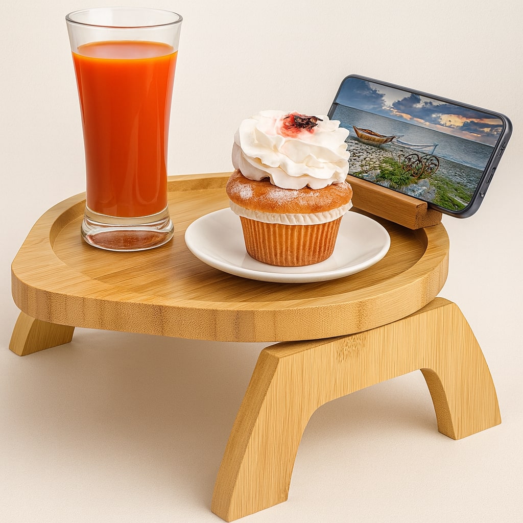 Side Table - Solid Pine Clip-On Design with Phone Holder for Small Spaces 0