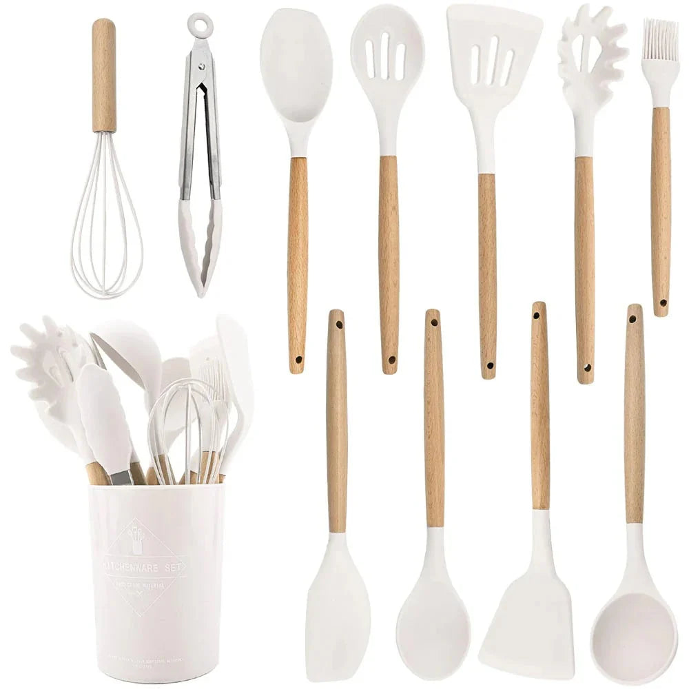 Silicone Kitchen Utensil Set - Heat Resistant & Ergonomic Wooden Handles 0