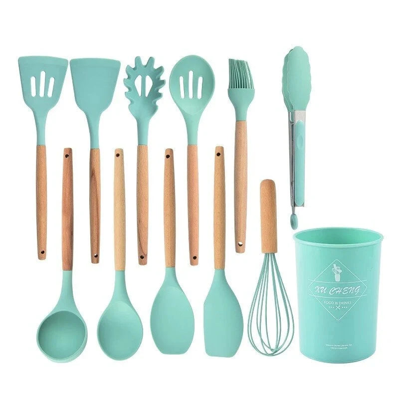 Silicone Kitchen Utensil Set - Heat Resistant & Ergonomic Wooden Handles 10