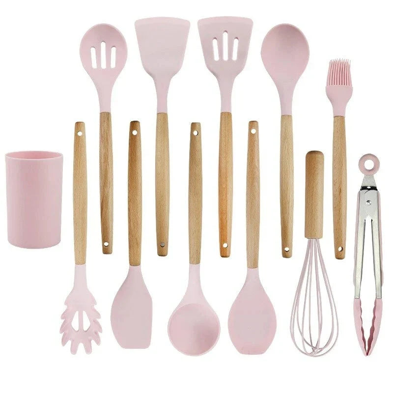 Silicone Kitchen Utensil Set - Heat Resistant & Ergonomic Wooden Handles 11