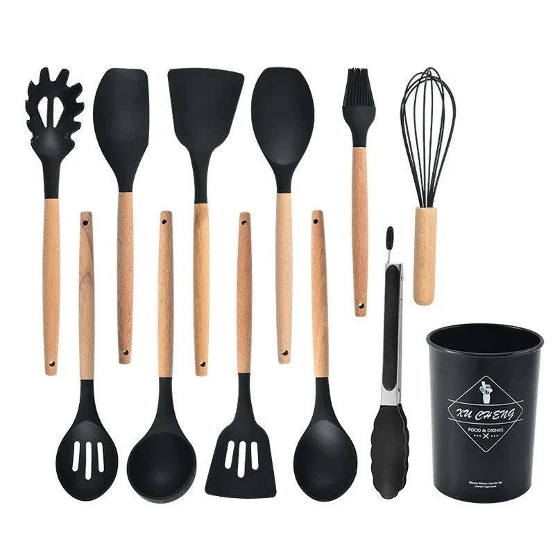 Silicone Kitchen Utensil Set - Heat Resistant & Ergonomic Wooden Handles 12