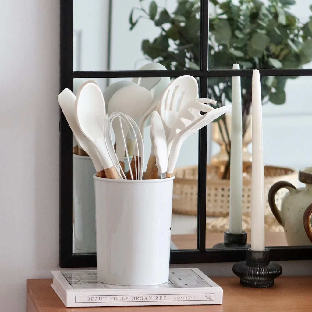 Silicone Kitchen Utensil Set - Heat Resistant & Ergonomic Wooden Handles 7